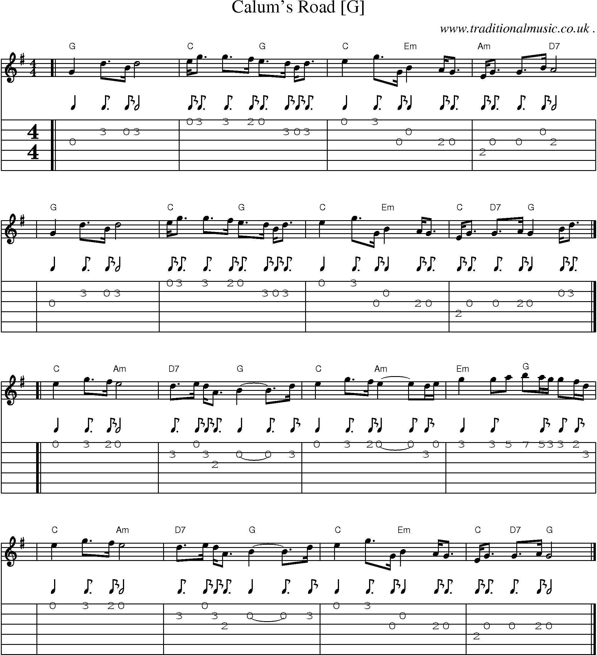 Sheet-music  score, Chords and Guitar Tabs for Calums Road [g]